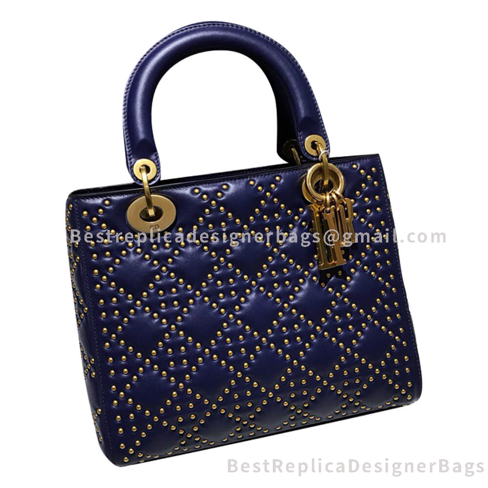 Dior Medium Lady Dior Lambskin Studded Bag Navy Blue GHW